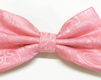Pink Tone On Tone Paisley Pre Tied With Free Pocket Square Mens Bow Tie