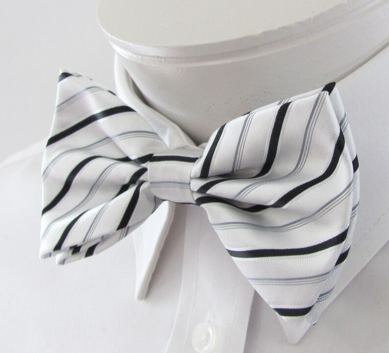 Mens Bow Tie White With Black and Silver Stripes with Free Etsy Mens Bow Tie White With Black and Silver Stripes with Free Etsy