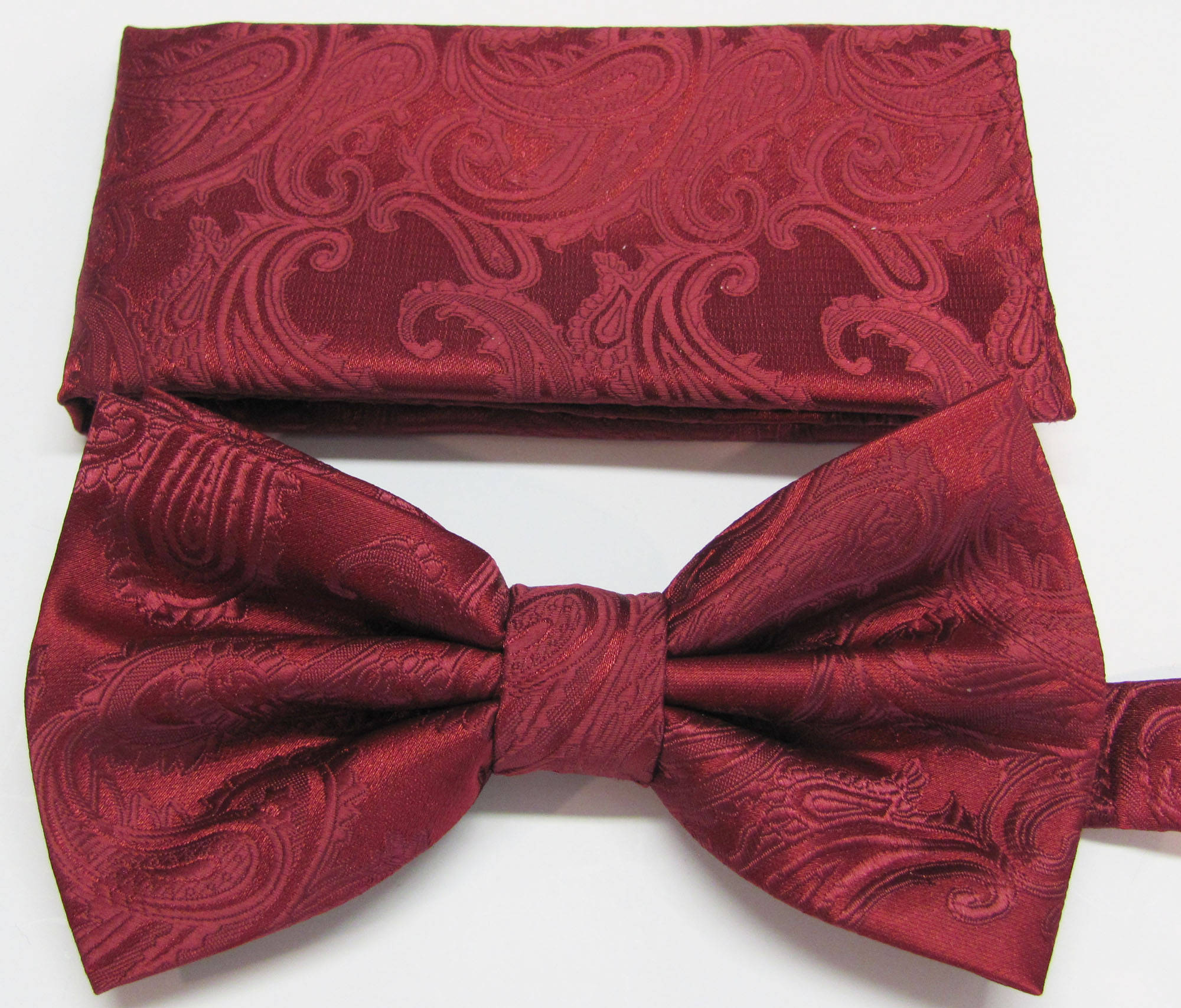 Burgundy Merlot Tone On Tone Paisley With Free Pocket Square Pre Tied Mens Bow Tie