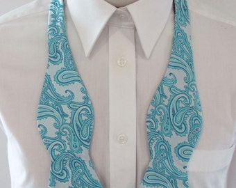 Mens Bowtie Electric Blue On Sky Blue Free Pocket Square Tone On Tone Paisley Self Tie Bow Tie