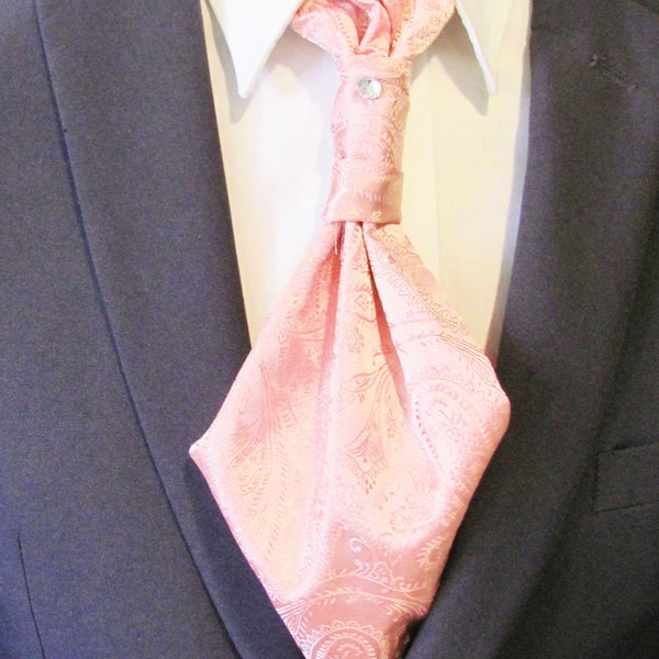 Mens Ascot Tie Dusty Rose Satin Paisley Adjustable Neck With Crystal Tie Pen  Mens Formal Ascot