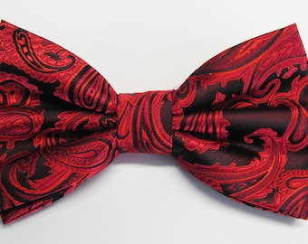 Red On Black Paisley Pre Tied With Free Pocket Square Mens Bow Tie