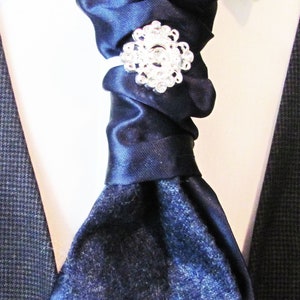 Mens Ascot Tie Navy Blue Satin and Wool With Jeweled Crest Pretied ...