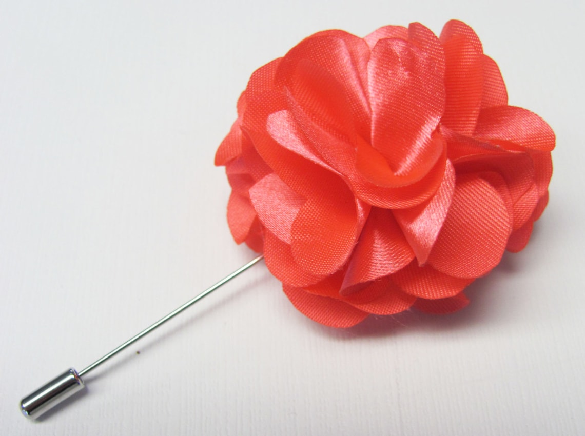 Coral Silk Flower Boutonniere With 2 Inch Stick Lapel Pin Etsy