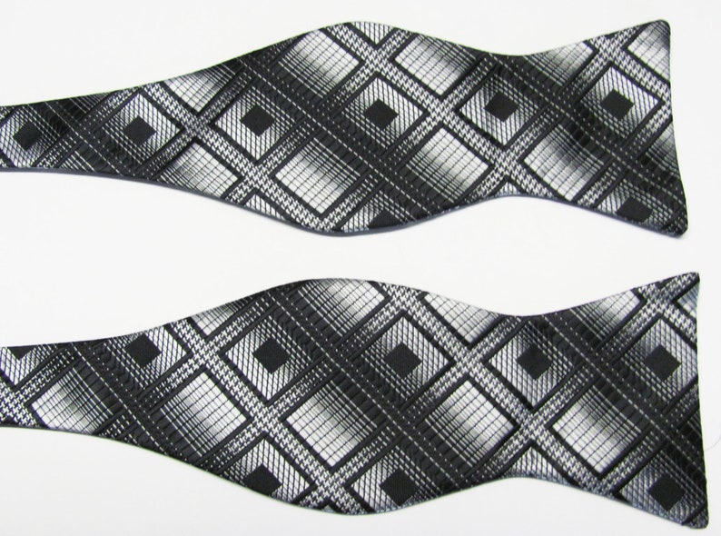 With Free Pocket Square Black And Silver Diamond Design Self Tie Freestyle Bow Tie image 1