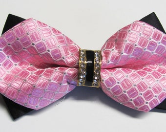 Pink Sparkled Diamond Tie  With jeweled center Knot  Diamond Pre Tied Bow Tie