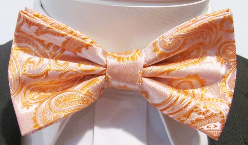 Peach Orange Apricot Melon Tone On Tone Paisley With Free Pocket Square Pre Tied Mens Bow Tie image 3