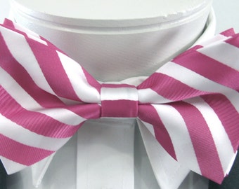 Raspberry And White Stripe (With Free Pocket Square) Design PreTied Bow Tie