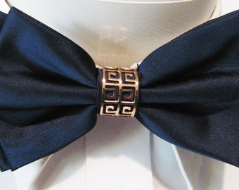 Navy Blue Satin Pretied Bow Tie With interchangeable Metal Knot Covers Gold, Silver, All Included With Pocket Square