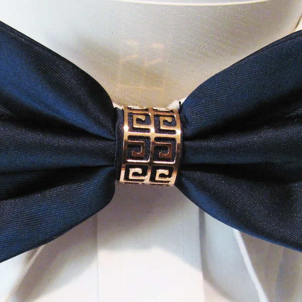 Navy Blue Satin Pretied Bow Tie With interchangeable Metal Knot Covers Gold, Silver, All Included With Pocket Square