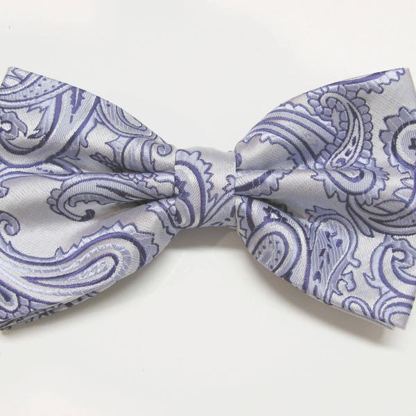 Purple And Lavender On Light Lavender Back Tone On Tone Paisley With Free Pocket Square Pre Tied Mens Bow Tie
