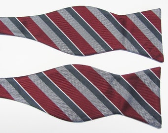 Burgundy Merlot Wine With silver and Gray Bold Strip Design Self Tie Freestyle Bow With Free Pocket Square