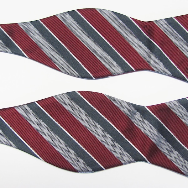 Burgundy Merlot Wine With silver and Gray Bold Strip Design Self Tie Freestyle Bow With Free Pocket Square