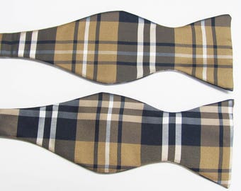 With Free Pocket Square) Tan Navy Blue And White  Plaid Pattern Self Tie Bow Ties