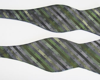 Green Olive Moss Green And Gray With Free Pocket Square Contemporary Design Self Tie Freestyle Bow Tie