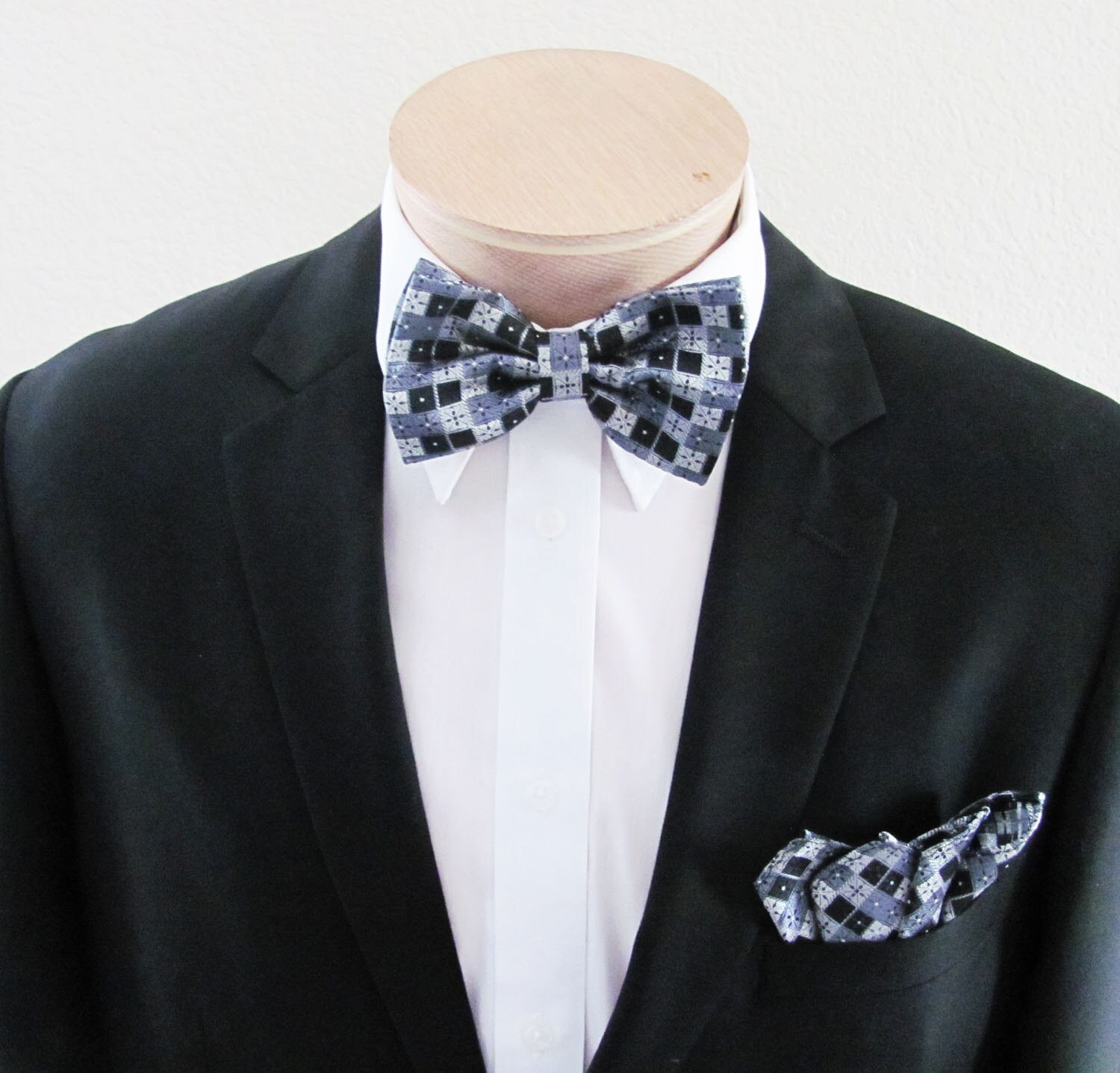Mens Bow Tie Black Gray and Silver Square Pattern with Free - Etsy