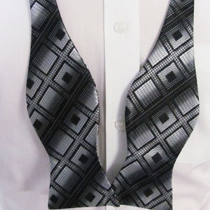 With Free Pocket Square Black And Silver Diamond Design Self Tie Freestyle Bow Tie image 3