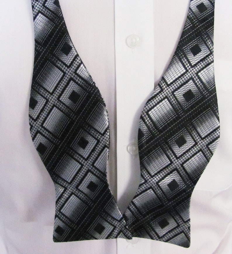 With Free Pocket Square Black And Silver Diamond Design Self Tie Freestyle Bow Tie image 3