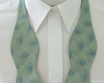 Mens Bow Tie Peacock Style Paisley Green And Blue Pattern  Self Tie Freestyle Bow Tie