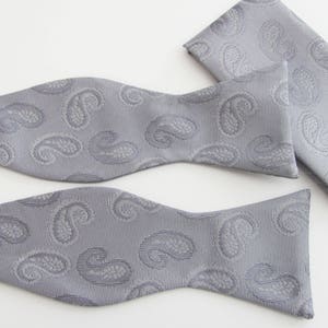 Mens Silver Tone On Tone Paisley Woven Pattern Self Tie Freestyle Bow Tie image 3