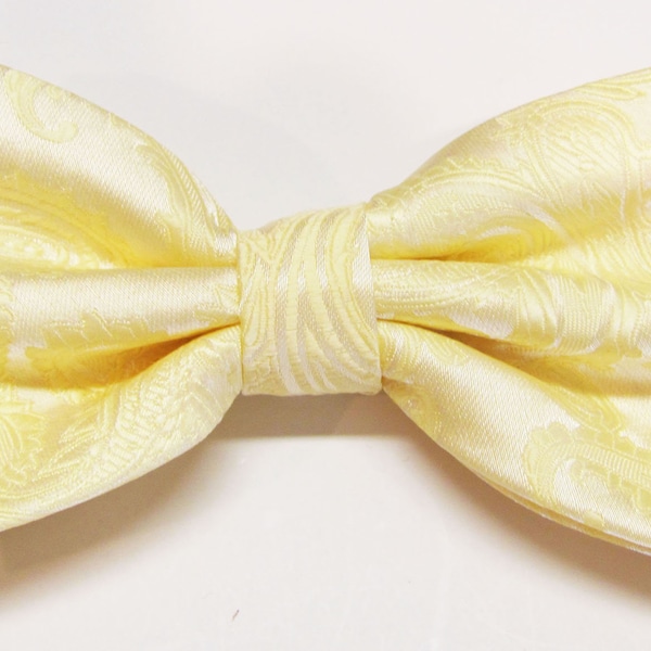 Light Yellow Tone On Tone Paisley With Free Pocket Square Pre Tied Mens Bow Tie