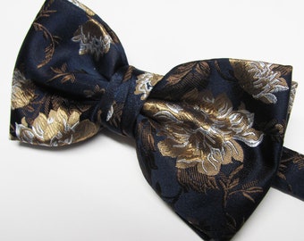 Navy Blue With Golden Taupe And Silver Floral Pattern (With Free Pocket Square) Pre Tied Mens Bow Tie