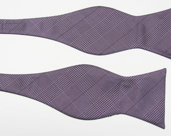 Mens (With Free Pocket Square)  Lavender Purple And Black Glen  Plaid  Design  Self Tie Freestyle Bow Tie