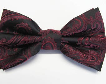 Burgundy Wine On Black Paisley (With Free Pocket Square) Pre Tied Mens Bow Tie