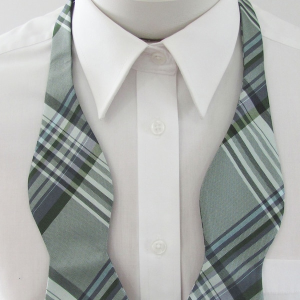 Mens Bow Tie Greens  Shale Green  Dusty Green Blue Stripe Plaid **With FREE Pocket Square ** Self Tie Free Style Bow Ties