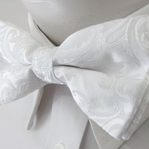 Mens Bowtie White Paisley (With Free Pocket Square)  PreTied Mans Bow Tie Pre tied