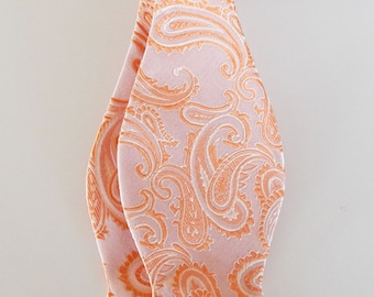 Mens Bow Tie Melon on Light Peach Paisley Self Tie Freestyle Adjustable Band Bow Tie