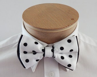 Mens Bow Tie Extra Fancy Two colored Fabric Pre Tied Bow Tie With Pocket Square. White With Black Dots And Trim