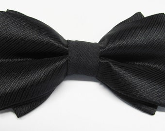 Mens Bowtie Black Ribbed With Double wings  Pre Tied Mans Bow Tie