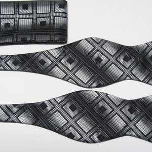 With Free Pocket Square Black And Silver Diamond Design Self Tie Freestyle Bow Tie image 2