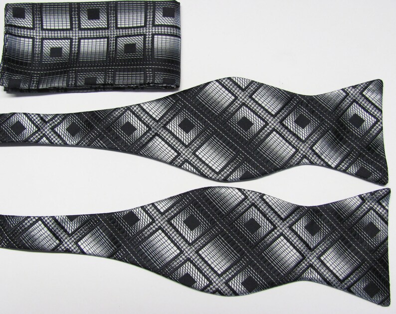 With Free Pocket Square Black And Silver Diamond Design Self Tie Freestyle Bow Tie image 2