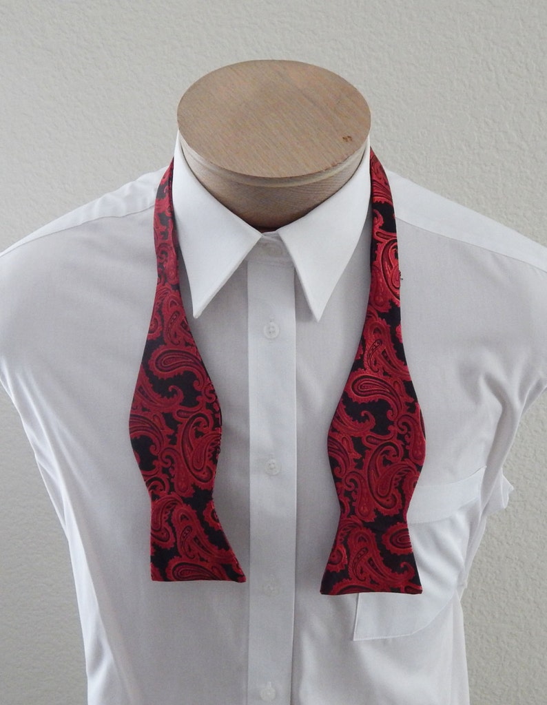 Mens Bow Tie Red Paisley On Black Adjustable Neck Self Tie Bow Tie image 2