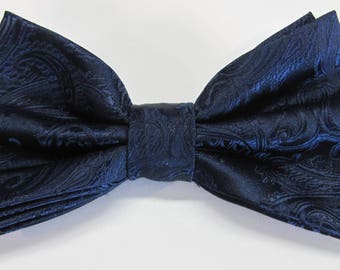 Navy Blue Tone On Tone Paisley (With Free Pocket Square) Pre Tied Mens Bow Tie
