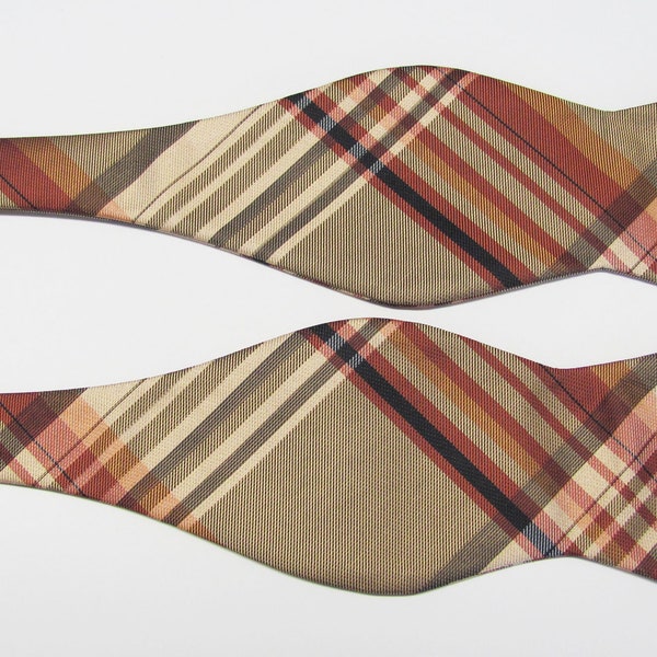 Mens (With Free Pocket Square) Tan Brown Copper And Rust Plaid Design With Free Pocket Square  Self Tie Freestyle Bow Tie