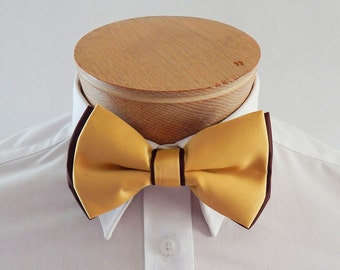 Mens Bowtie Extra Fancy Two colored Fabric Adjustable  Bow Tie With FREE Pocket Square.  Brown Mustard Gold With Brown Trim Neck tie