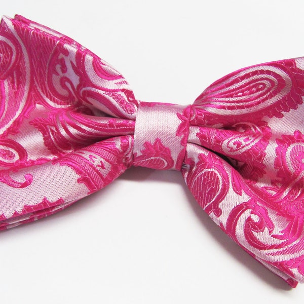 Mens Bowtie Fuschia Hot Pink Raspberry On Pink  Paisley (With Free Pocket Square)  Square PreTied Mans Bow Tie Pre tied