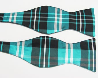 Turquoise Blue Black And White  Plaid Pattern Self Tie Bow Ties With Free Pocket Square