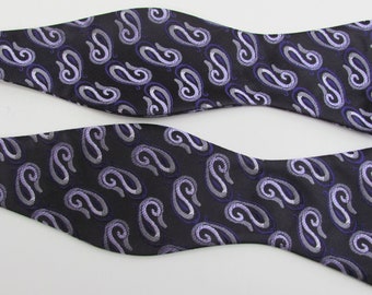 Mens Purple And Lavender On Black Paisley Woven Pattern Self Tie Freestyle Bow Tie
