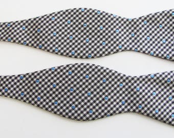 Mens Black And White Check With Light Blue Dots Pattern Self Freestyle Tie Bow Ties