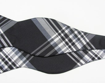 Mens Bowtie Black Silver And Gray Plaid Mans Self Tie Adjustable Bow Tie With Free Pocket Square