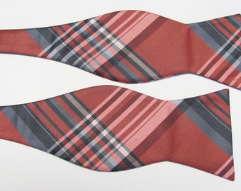 Mens Brick Rust Silver And Gray Plaid Design Self Tie Freestyle Bow Tie