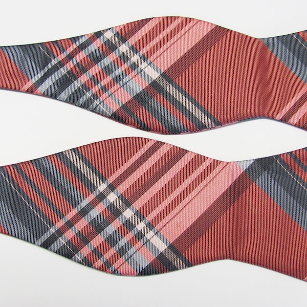 Mens Brick Rust Silver And Gray Plaid Design Self Tie Freestyle Bow Tie