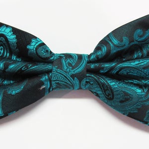 Teal Blue Tone On Tone Paisley (With Free Pocket Square) Pre Tied Mens Bow Tie