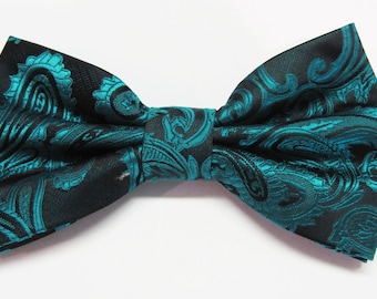 Teal Blue Tone On Tone Paisley (With Free Pocket Square) Pre Tied Mens Bow Tie