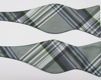 Greens Olive Forest With a Faint Purple Stripe Plaid Design Self Tie Freestyle Bow With Free Pocket Square