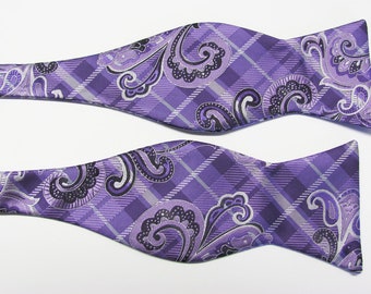 Purple Black And Silver Paisley **With Free Pocket Square **Design Self Tie Free Style Bow Tie